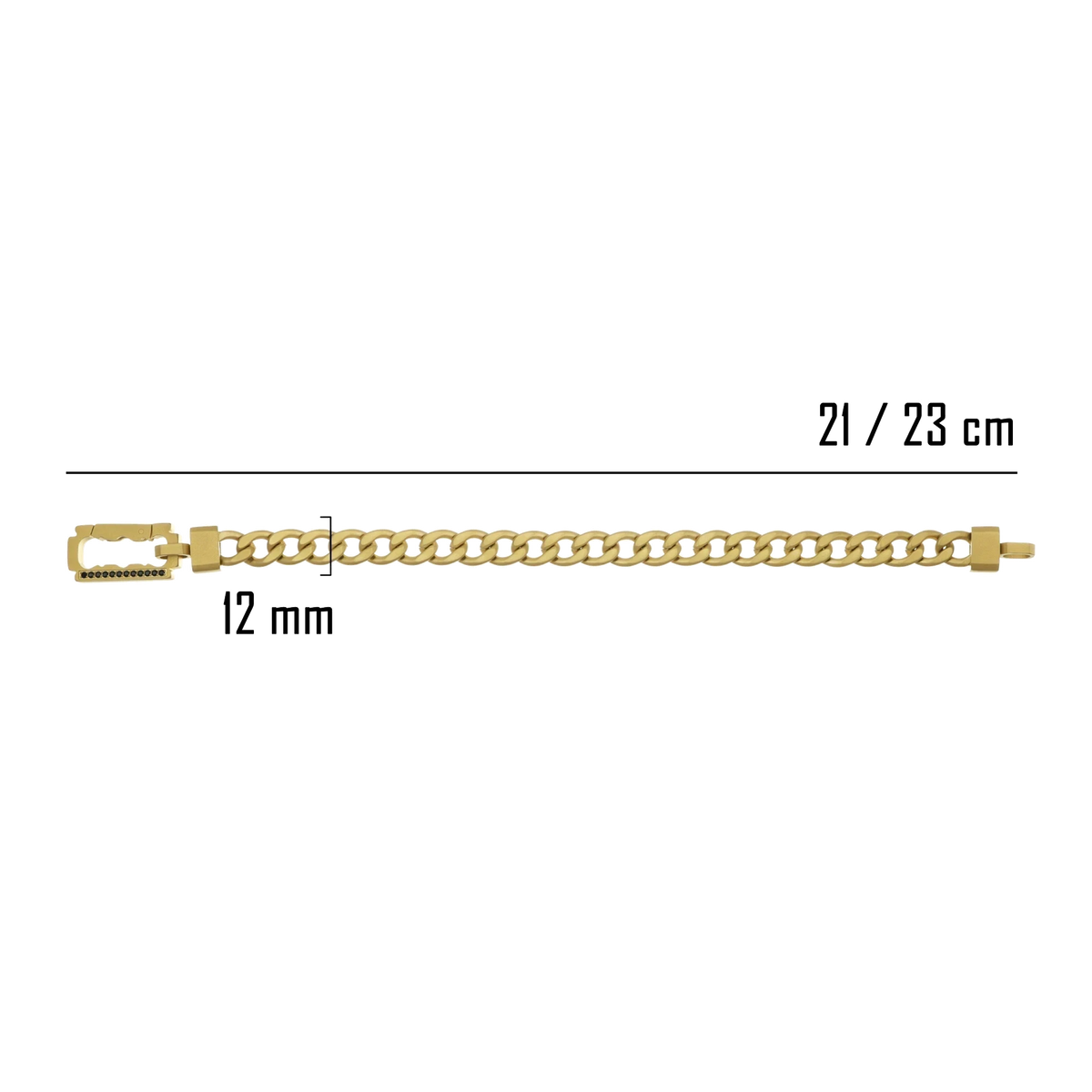 Bruttall AXIS matte gold chain bracelet with Swarovski Zirconia detail and 12mm width, shown with size dimensions.