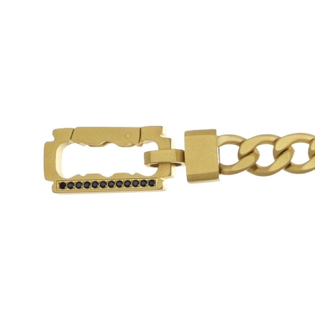 Bruttall AXIS matte gold chain bracelet featuring a razor blade clasp with black Swarovski Zirconia stones
