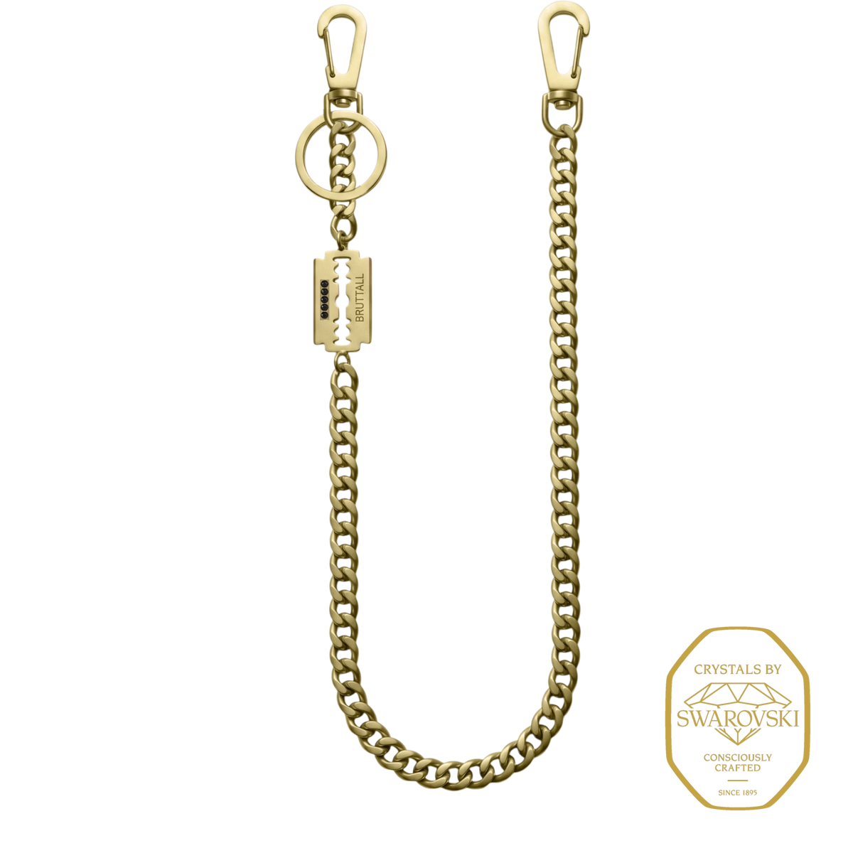 Bruttall AXIS wallet chain in matte gold with a razor blade charm and Swarovski Zirconia accents