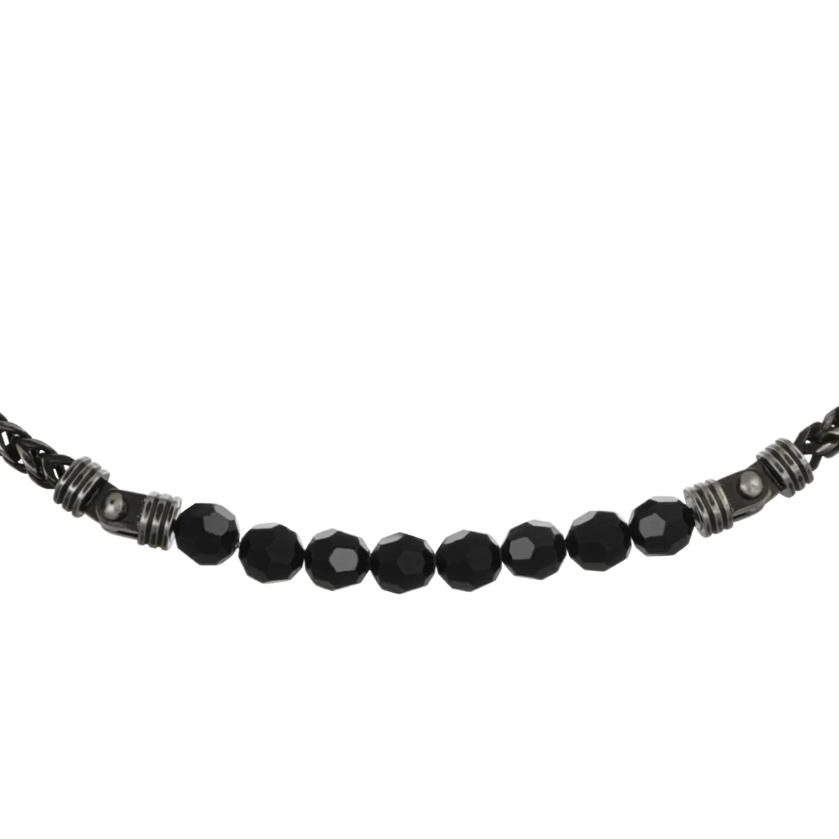 Bruttall CORE necklace featuring antique black chain links and faceted black Swarovski crystals.