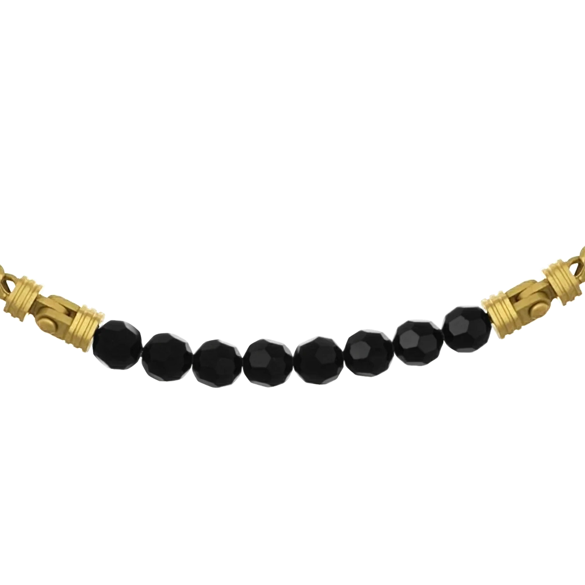 Bruttall CORE necklace featuring matte gold-plated links and faceted black Swarovski crystals in a bold design