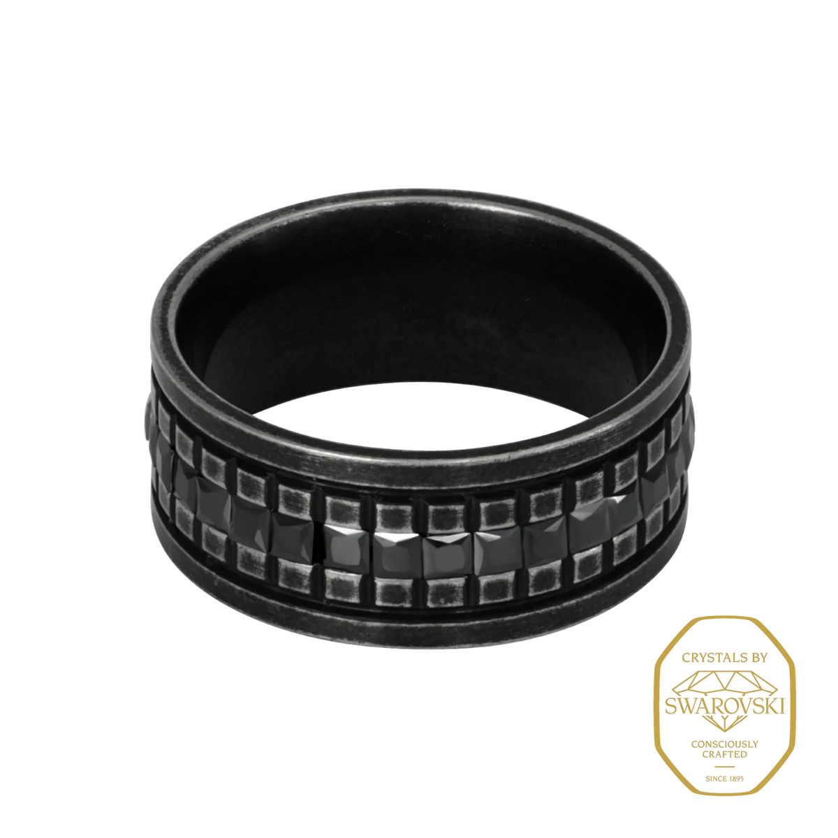 Bruttall GATE ring in antique black with a textured architectural band and embedded black Swarovski crystals.