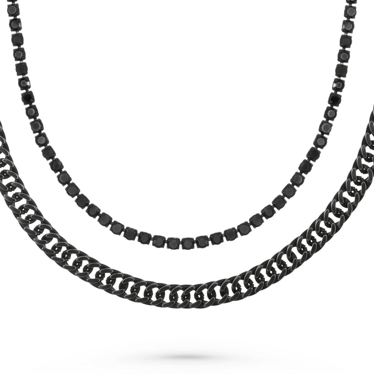 Bruttall GATE necklace featuring an antique black Cuban chain layered with a black Swarovski crystal tennis chain.
