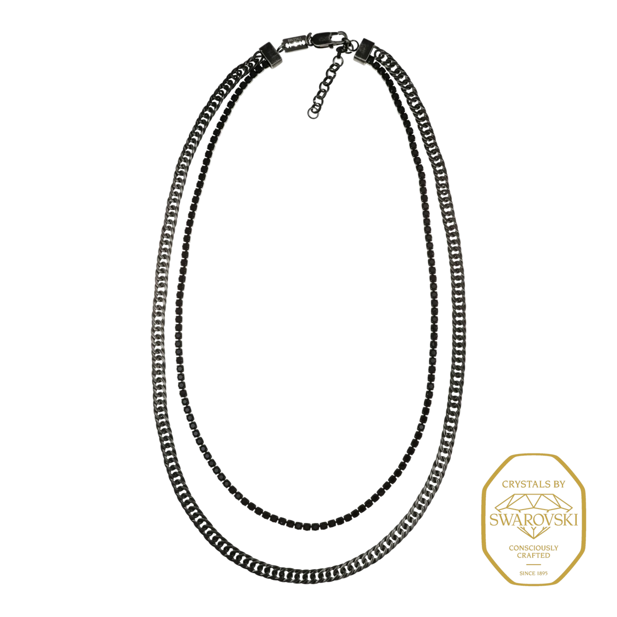 Bruttall GATE double-layer necklace in antique black with a Cuban chain and black Swarovski crystals for men.