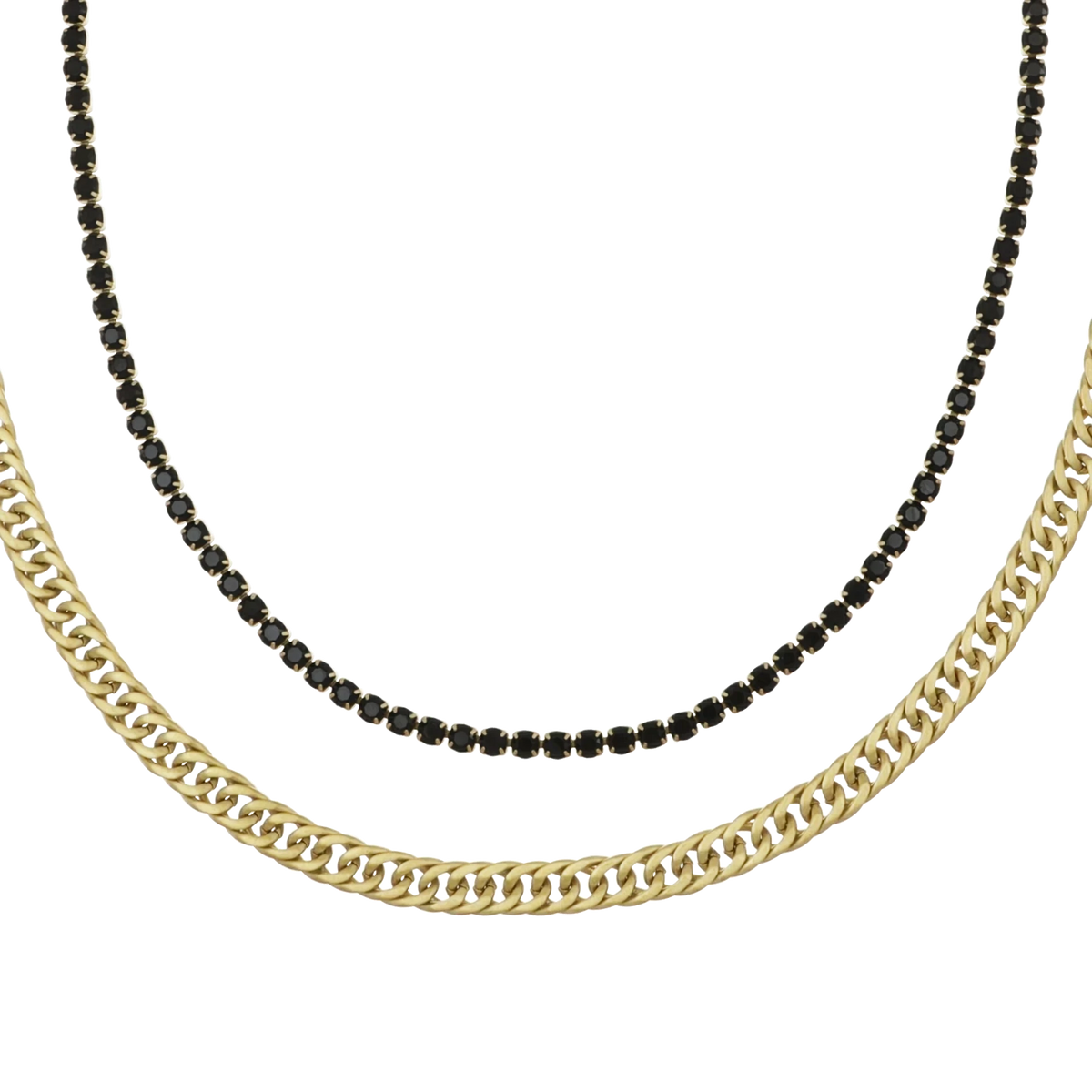 Bruttall GATE necklace featuring a gold-plated Cuban chain layered with a black Swarovski crystal tennis chain