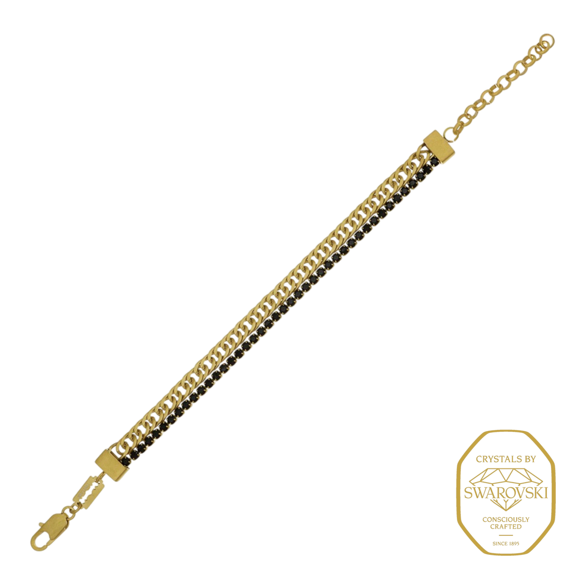 Bruttall GATE bracelet featuring a gold-plated chain paired with a row of black Swarovski crystals