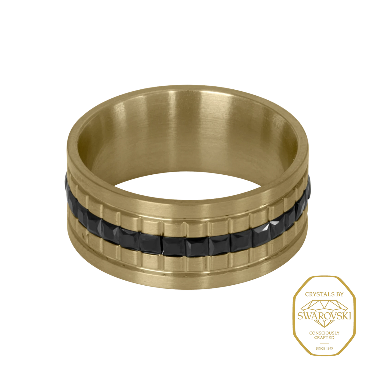 Bruttall GATE ring in matte gold with a central band of black Swarovski crystals and architectural textured edges.