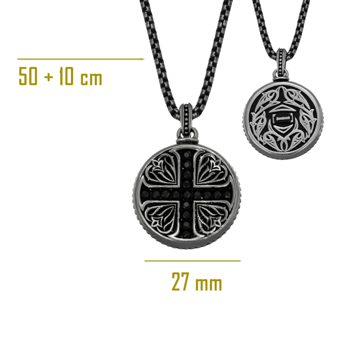 Bruttall Gothic necklace in antique black with a round pendant featuring a cross design and Swarovski Zirconia.