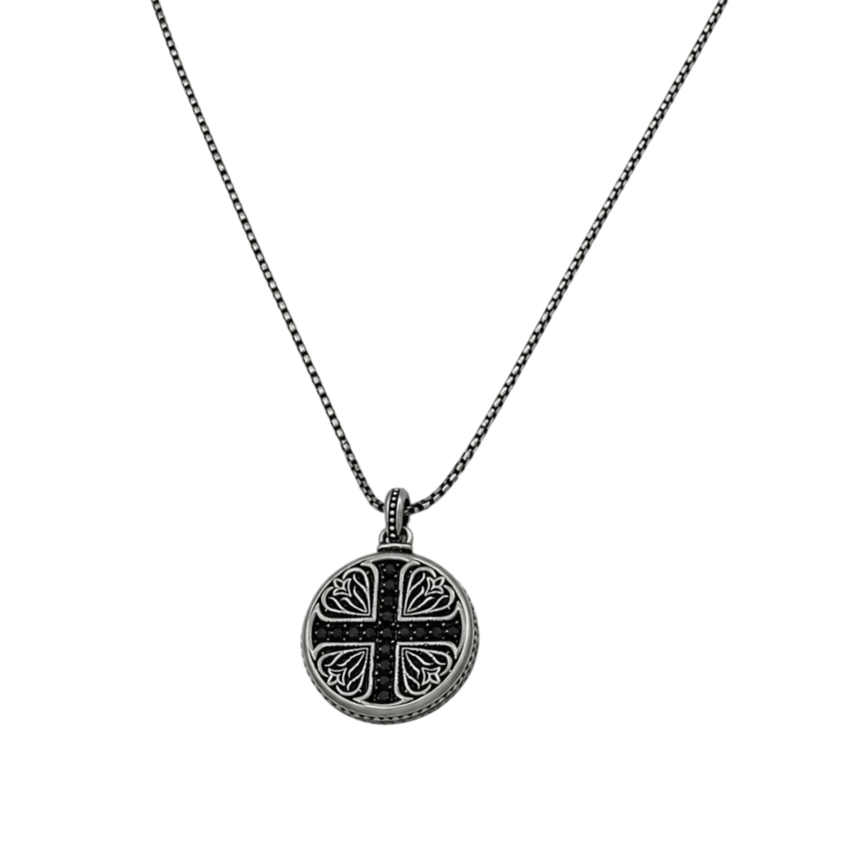 Bruttall Gothic necklace featuring an antique black round pendant with intricate cross detailing and Swarovski Zirconia