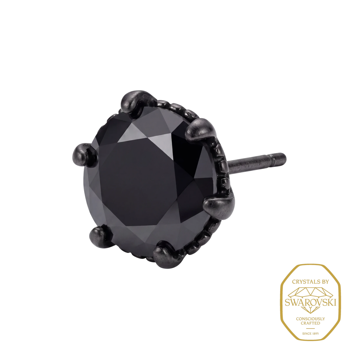 Bruttall Gothic pin earring featuring a round black Swarovski Zirconia stone in an antique plated metal setting.