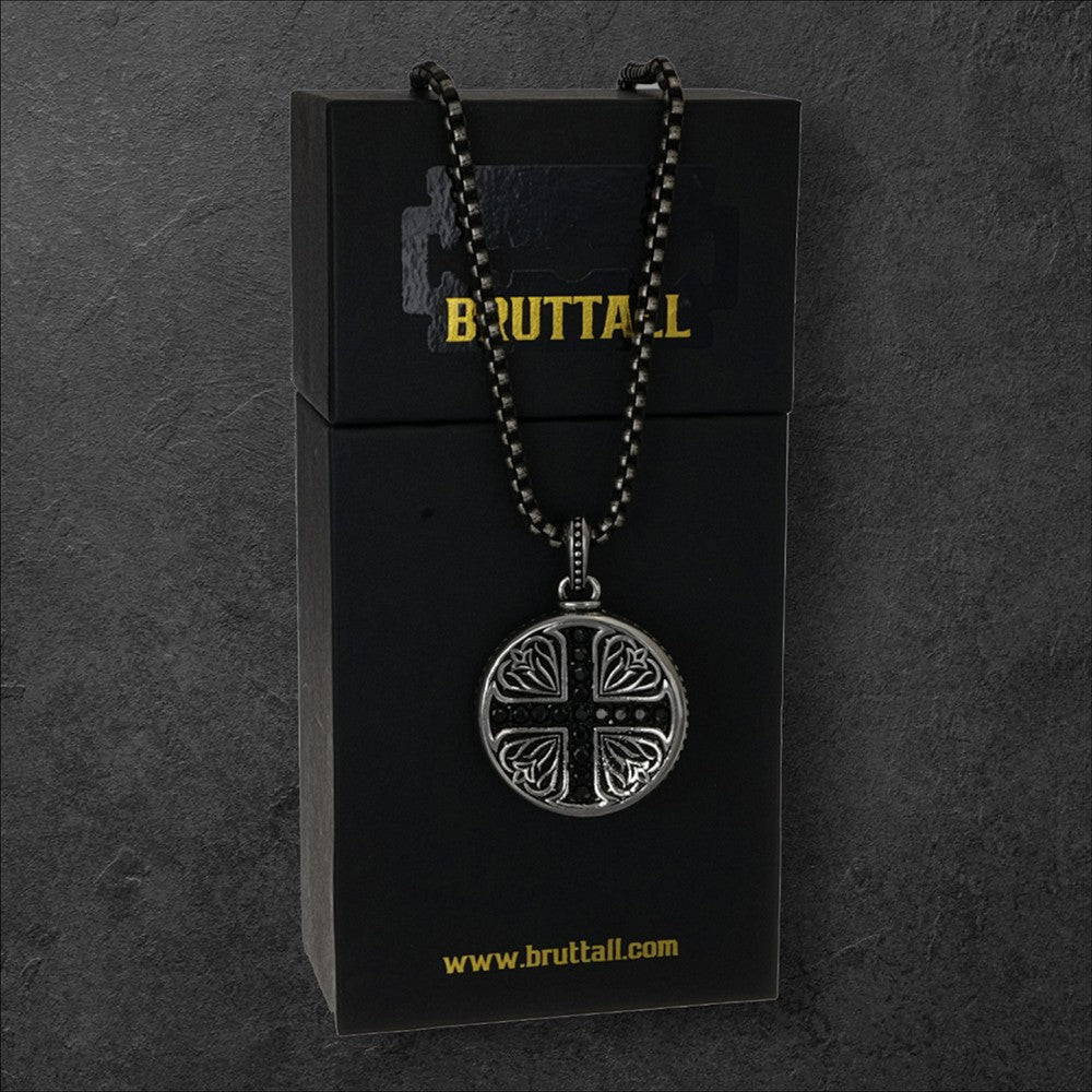 Bruttall gothic pendant necklace with black Swarovski Zirconia in an antique silver finish on a box chain