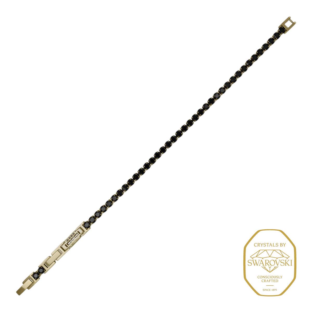 Bruttall GOTHIC tennis bracelet in matte gold with black Swarovski crystals and ornamental architectural details.