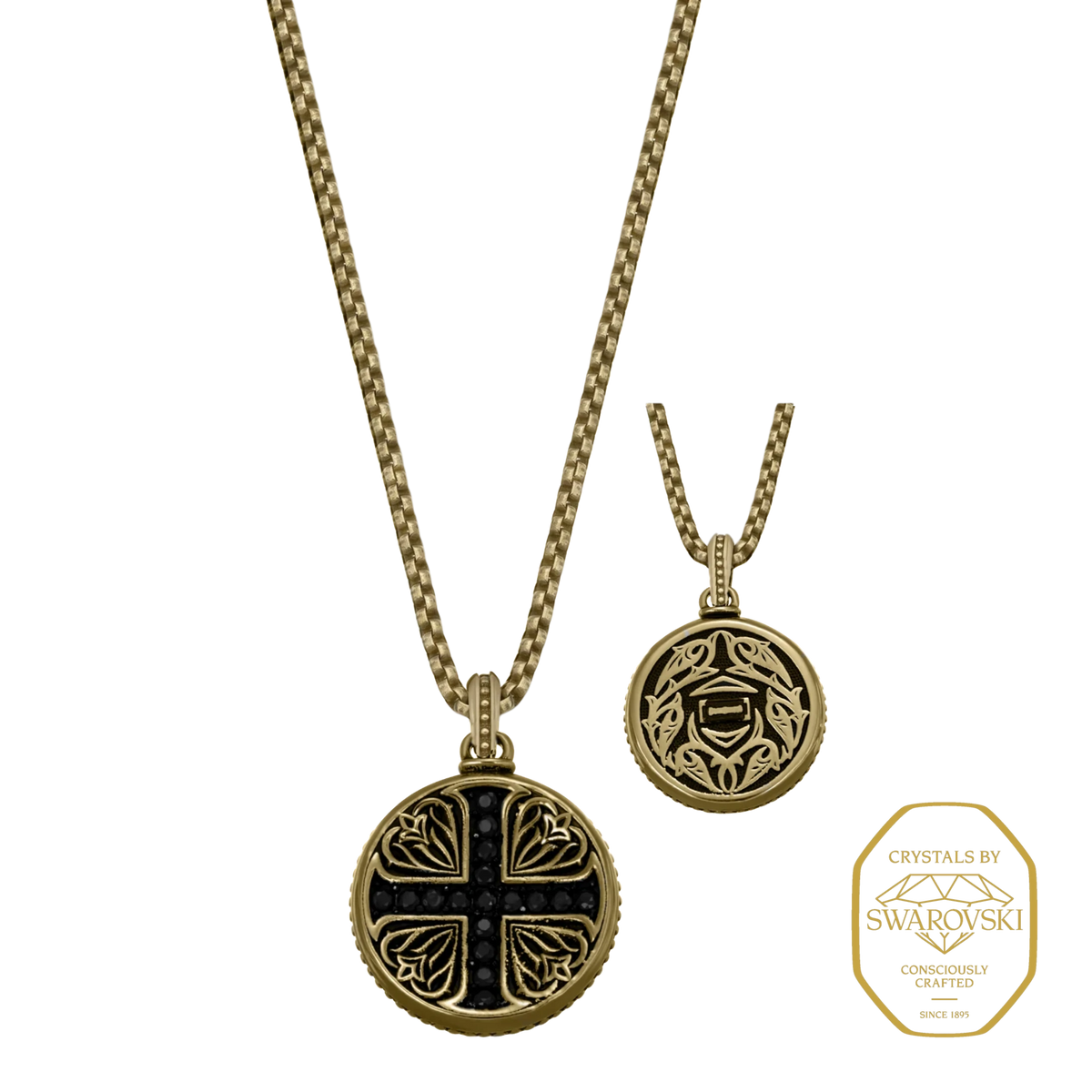 Bruttall GOTHIC necklace in matte gold with black Swarovski Zirconia, featuring intricate architectural cross design.