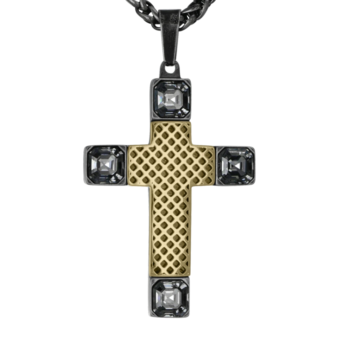 Bruttall OCTANT cross pendant featuring a gold lattice center, black metal frame, and four Swarovski crystals.