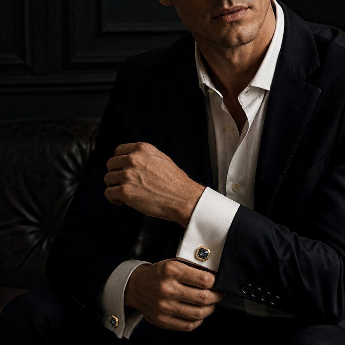 Bruttall OCTANT cufflinks in matte gold with Swarovski crystals worn on a white shirt cuff under a black blazer
