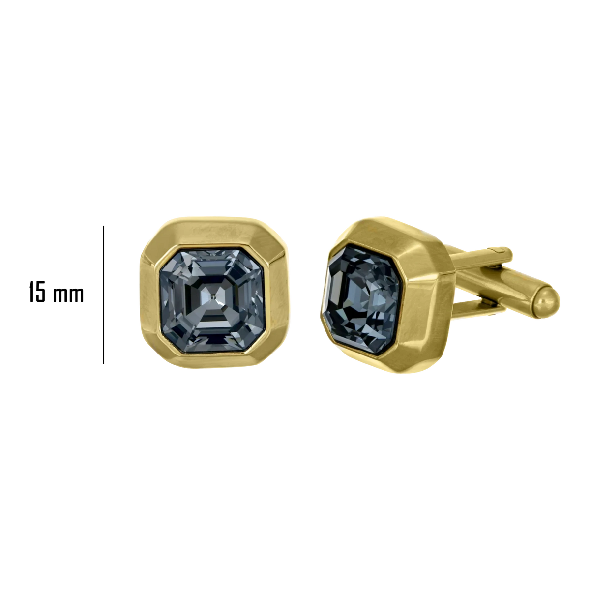 Bruttall OCTANT cufflinks in matte gold with geometric grey Swarovski crystals, 15mm size.