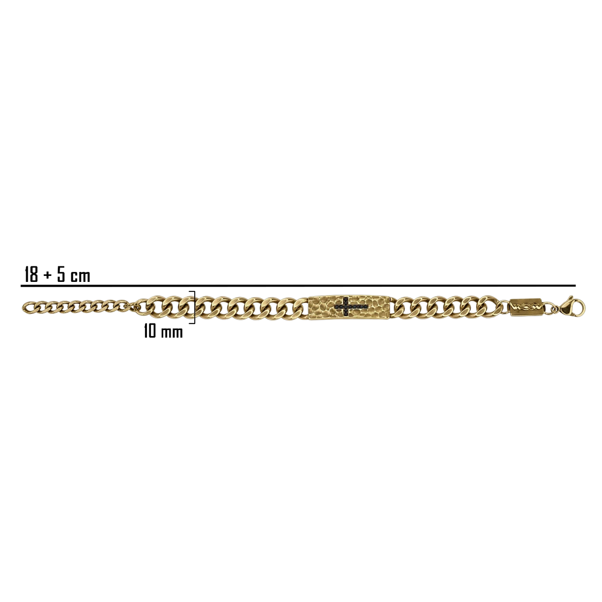 Bruttall RAW cross bracelet in matte gold plating with a hammered texture and black Swarovski Zirconia stones.