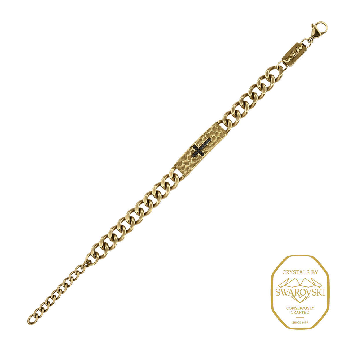 Bruttall RAW cross bracelet in matte gold with a hammered texture, chunky chain links, and Swarovski Zirconia.