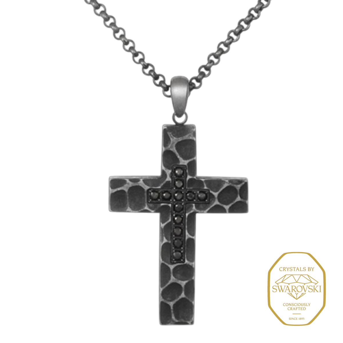 Bruttall RAW cross pendant necklace in antique black with textured stone-like finish and black Swarovski Zirconia
