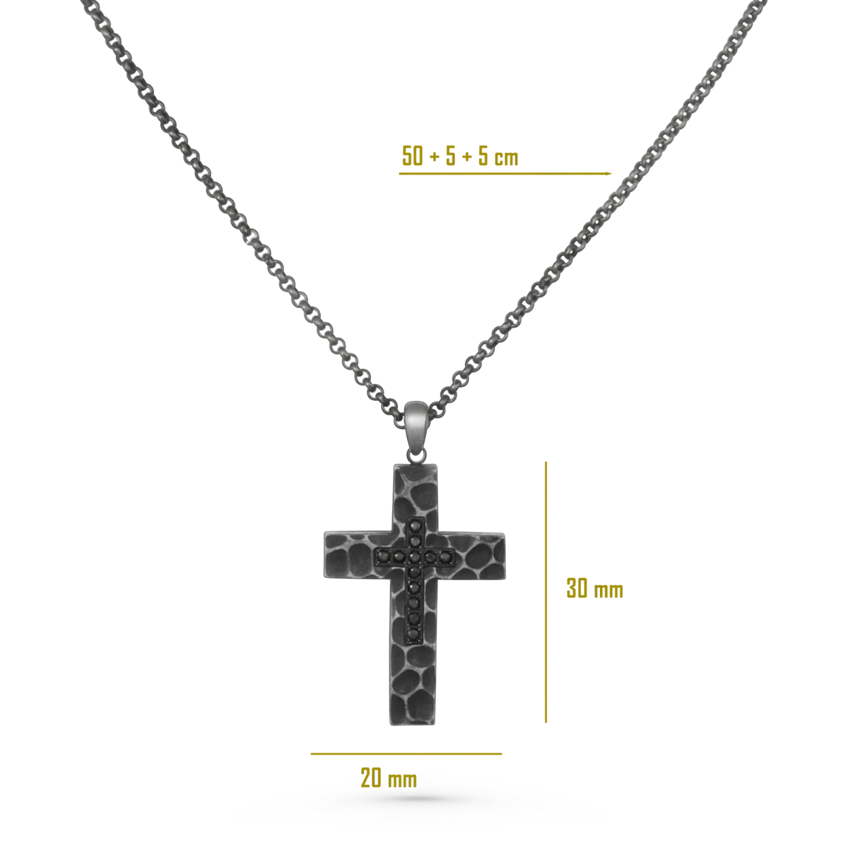 Bruttall RAW cross pendant necklace in antique plated finish with black Swarovski Zirconia and textured stone look