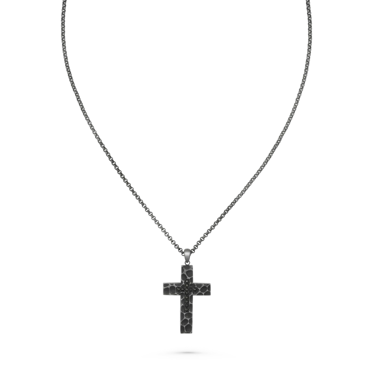 Bruttall RAW cross pendant necklace in antique plated finish with textured surface and black Swarovski Zirconia.