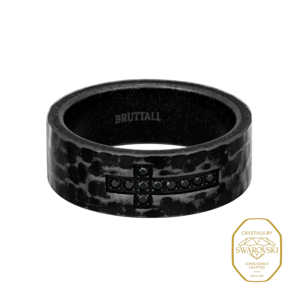 Bruttall RAW cross ring in antique black with a hammered texture and embedded black Swarovski Zirconia crystals.