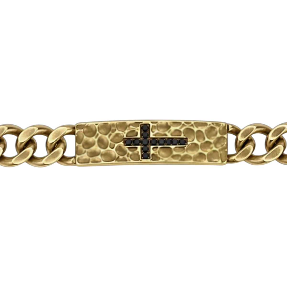 Bruttall RAW cross bracelet in matte gold with a hammered texture and black Swarovski Zirconia cross detail.