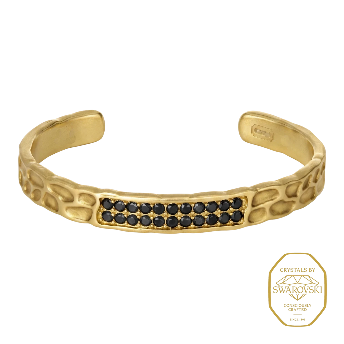 Bruttall RAW bangle in matte gold featuring a hammered texture and a double row of black Swarovski Zirconia stones.