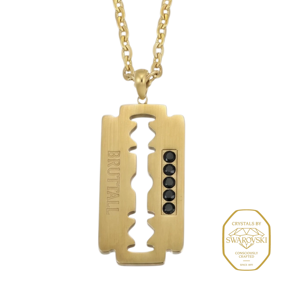 Bruttall RAZOR necklace featuring a matte gold razor blade pendant with black Swarovski crystals on a chain