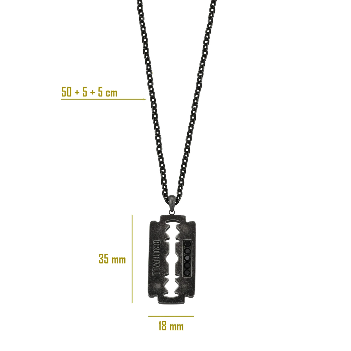 Bruttall RAZOR necklace in antique black with a razor blade pendant featuring Swarovski crystals and a chain.