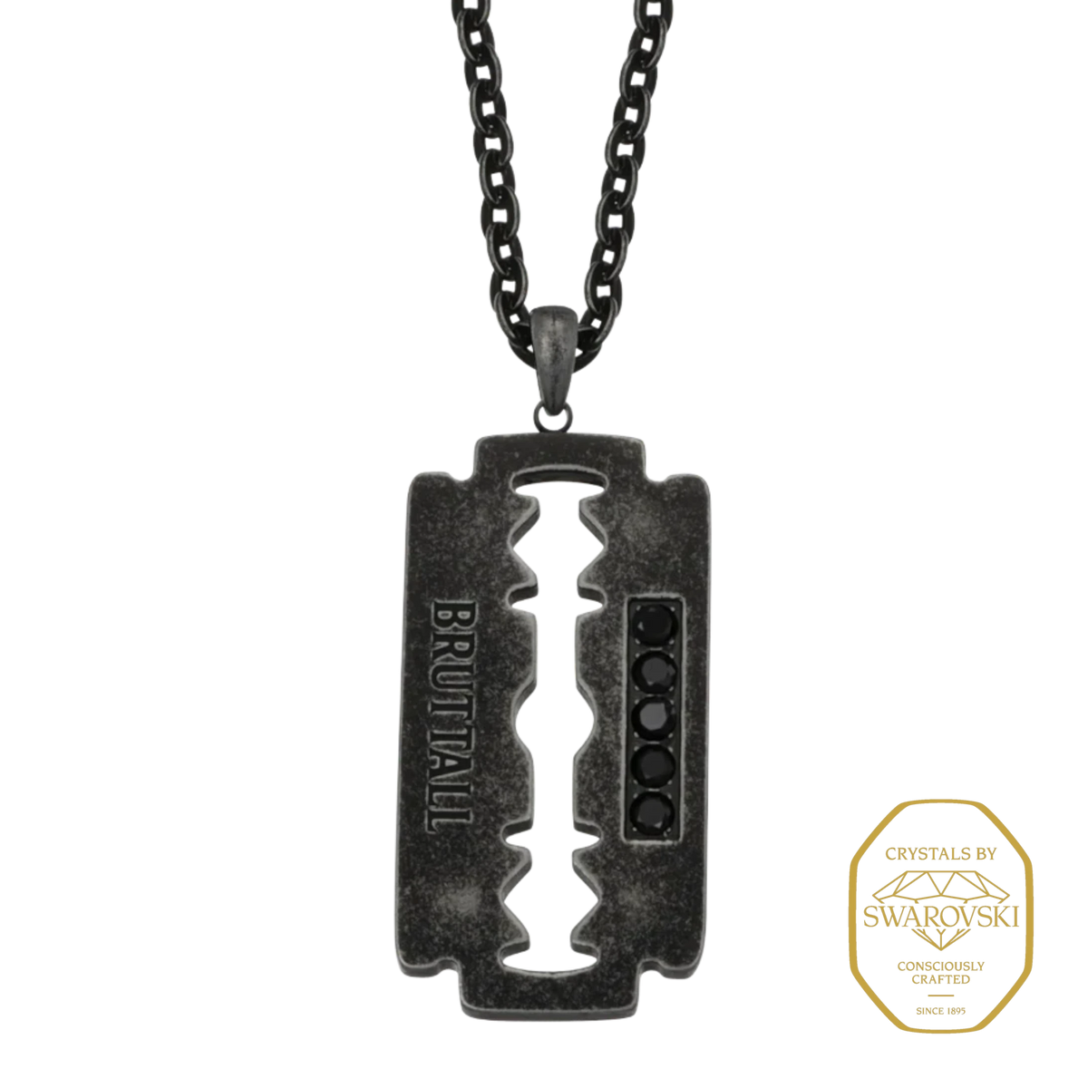 Bruttall RAZOR necklace featuring an antique black razor blade pendant with embedded black Swarovski crystals.