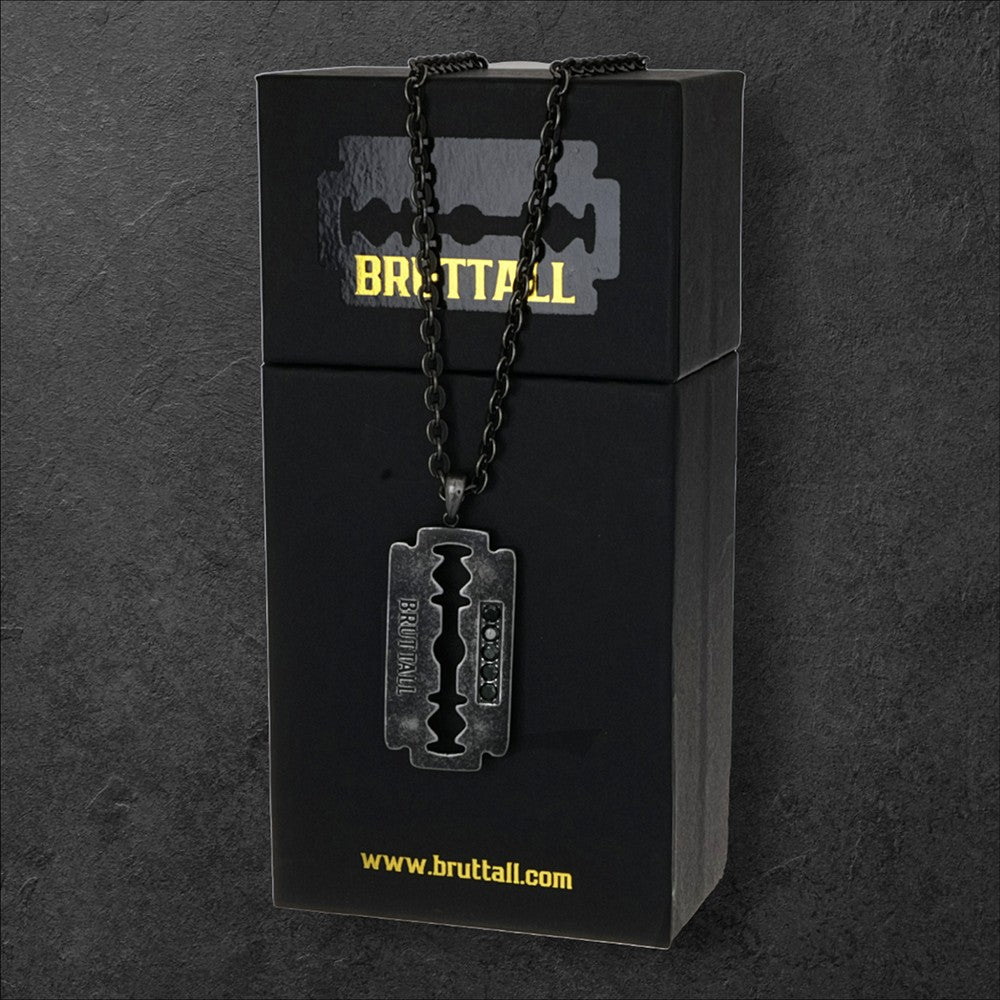 Bruttall RAZOR pendant necklace in antique black with Swarovski crystals on a branded black display box
