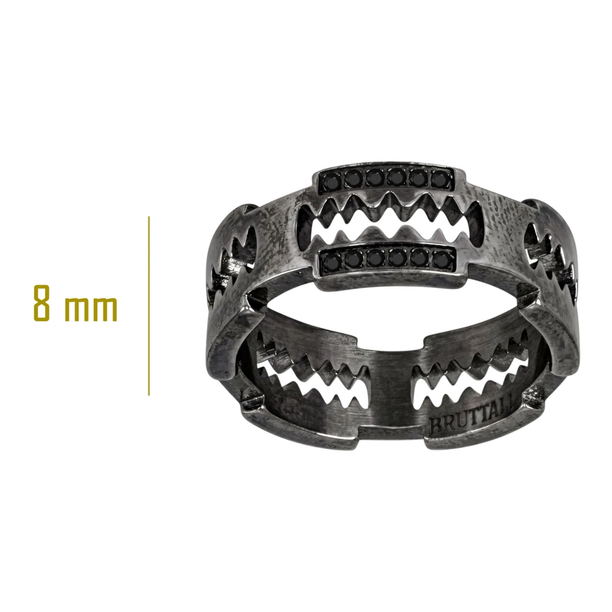Bruttall RAZOR ring in antique black finish featuring a razor blade design with black Swarovski Zirconia stones.