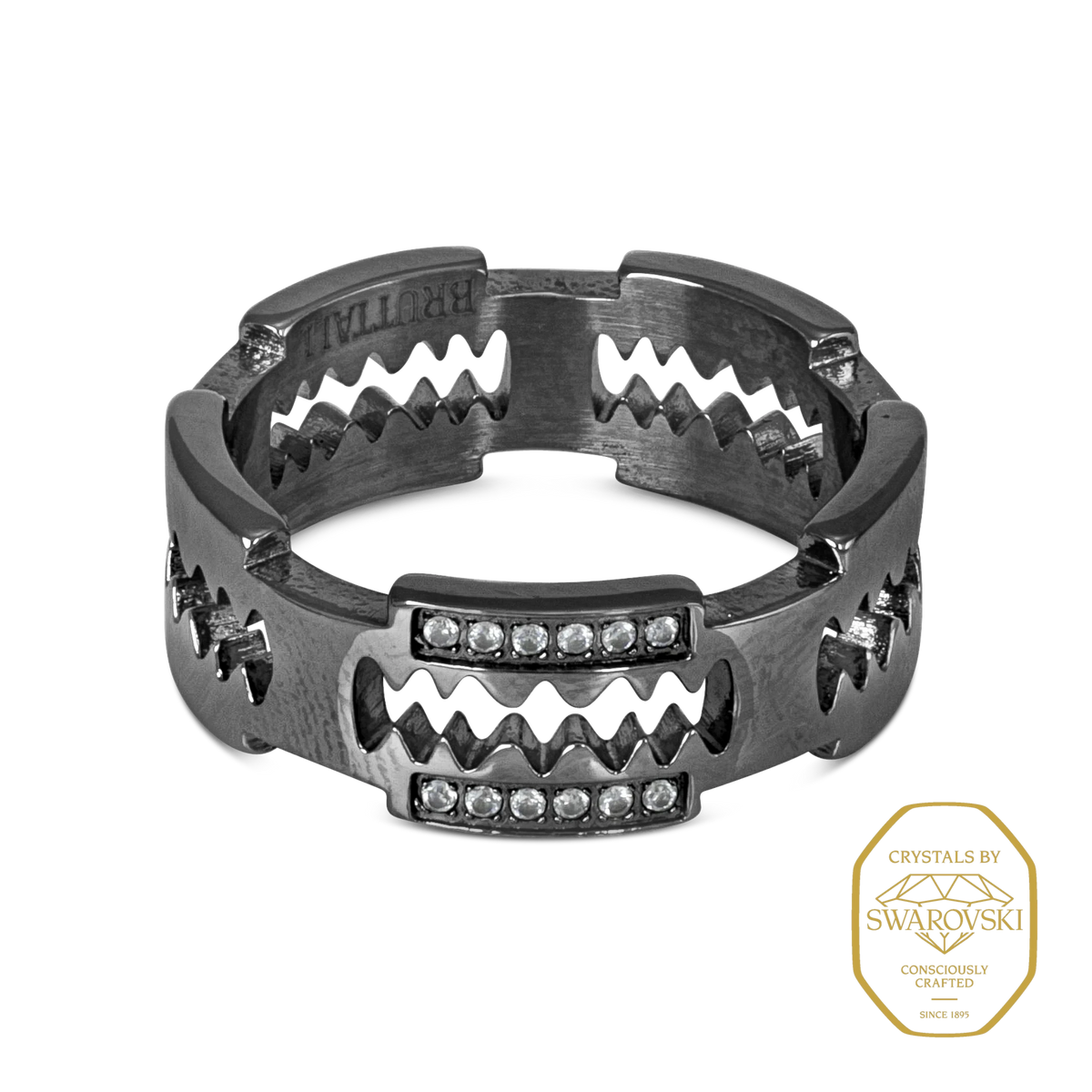 Bruttall RAZOR ring in black antique finish featuring a razor blade design with sparkling Swarovski Zirconia stones.