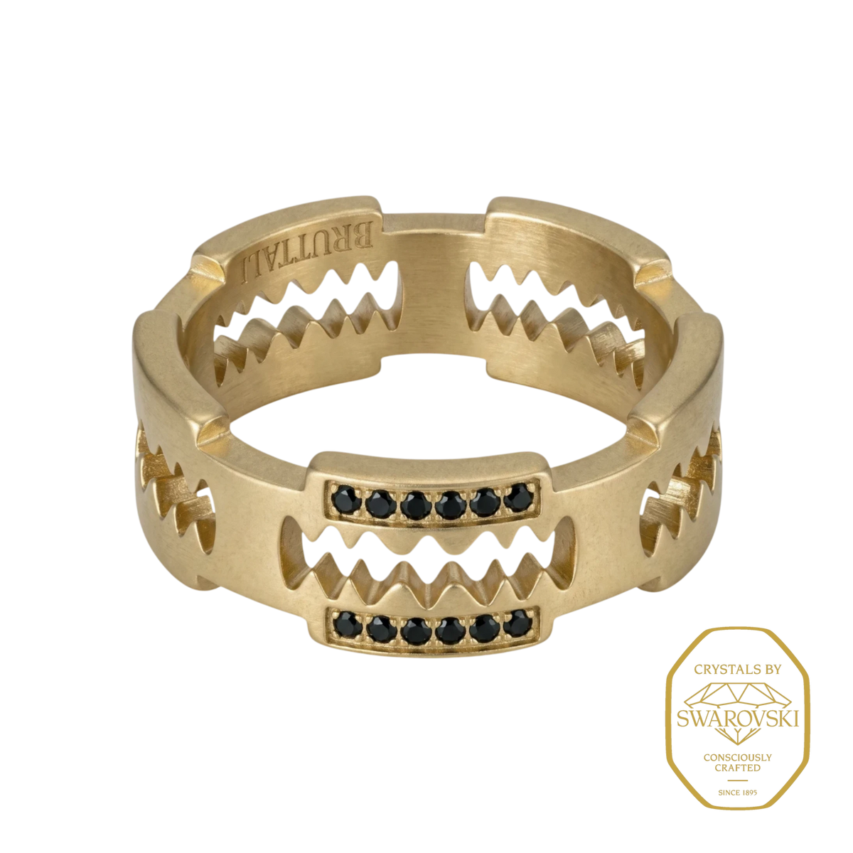 Bruttall RAZOR ring in matte gold featuring a razor blade design with black Swarovski Zirconia accents.