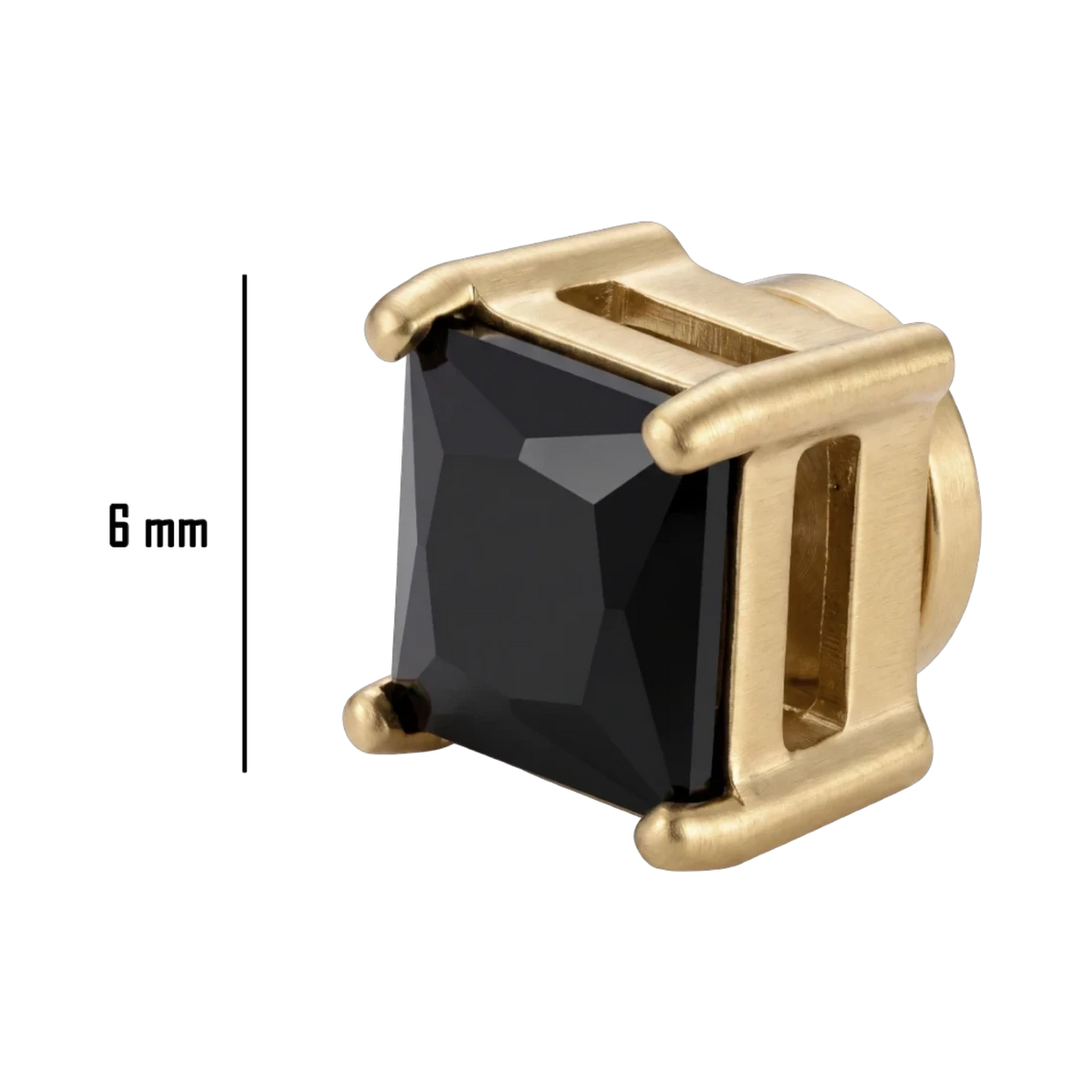 Bruttall square magnetic earring in matte gold with a black square-cut Swarovski Zirconia stone, 6mm size.