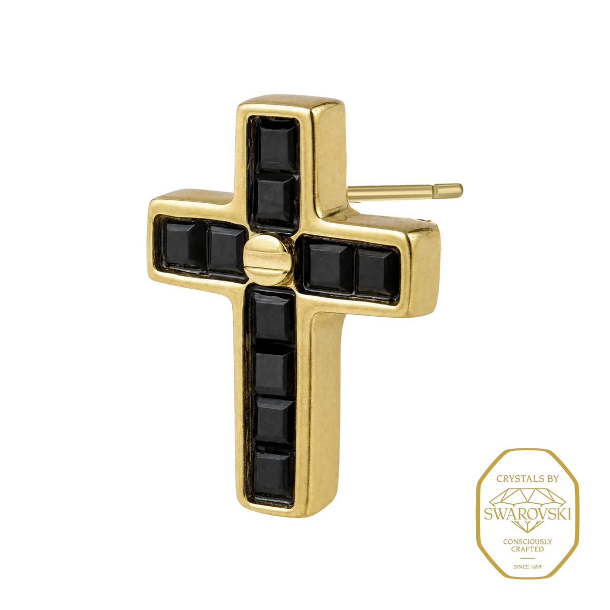 Bruttall TOWER cross earring in matte gold plating featuring black Swarovski crystals in a geometric design