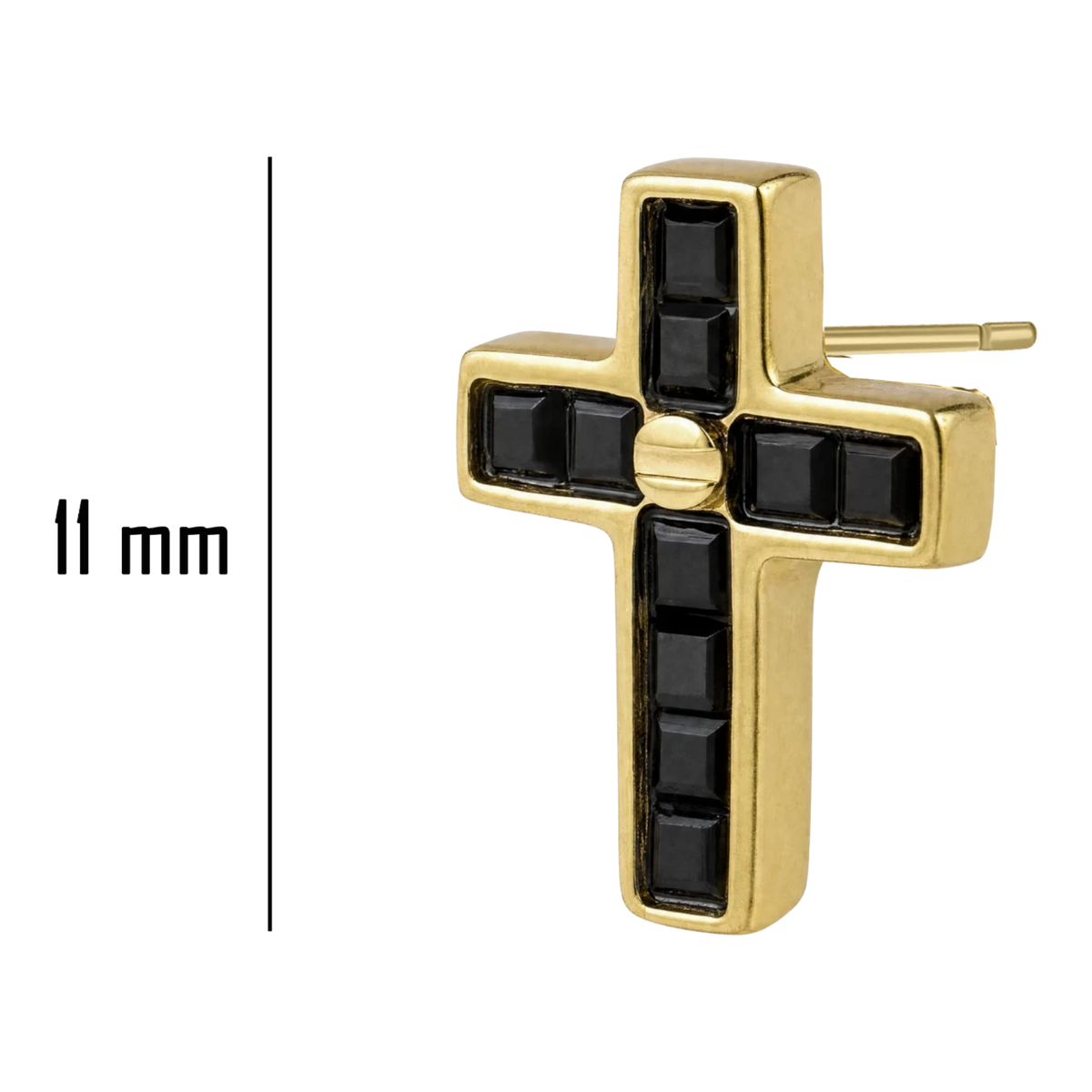 Bruttall TOWER cross stud earring in matte gold plating with black Swarovski crystals, 11mm size