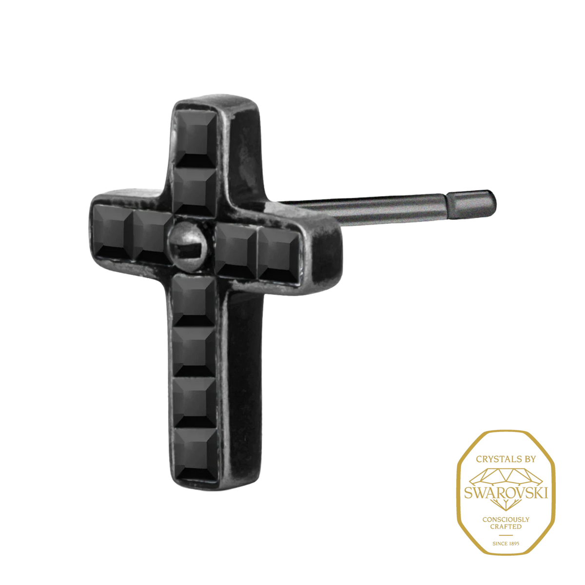 Bruttall TOWER cross stud earring in antique plated metal with black Swarovski crystals