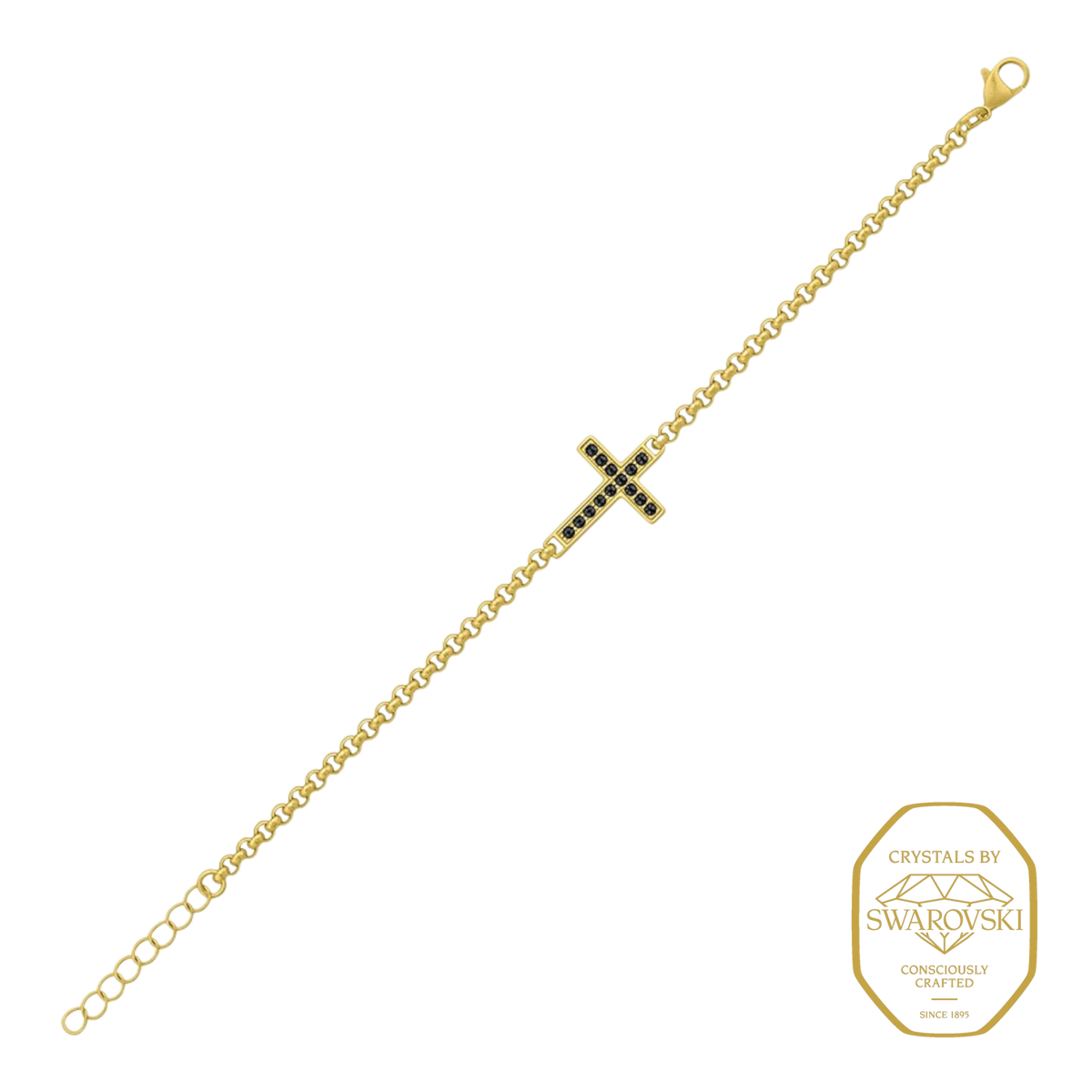 Bruttall TOWER cross bracelet in matte gold with black Swarovski Zirconia stones on a delicate chain
