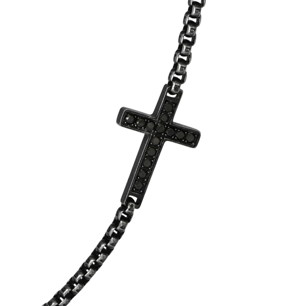 Bruttall TOWER cross necklace in antique black featuring Swarovski Zirconia stones on a box chain for men