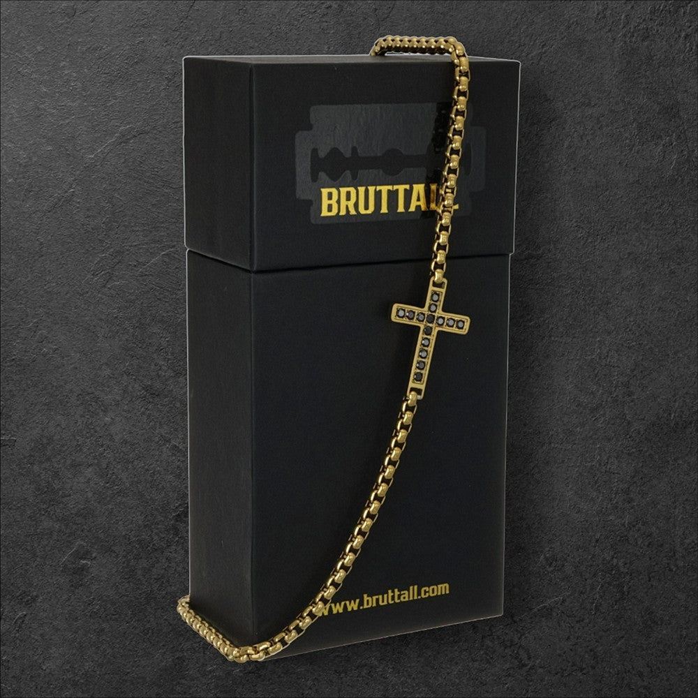 Bruttall matte gold cross necklace for men featuring black Swarovski Zirconia stones on a box chain