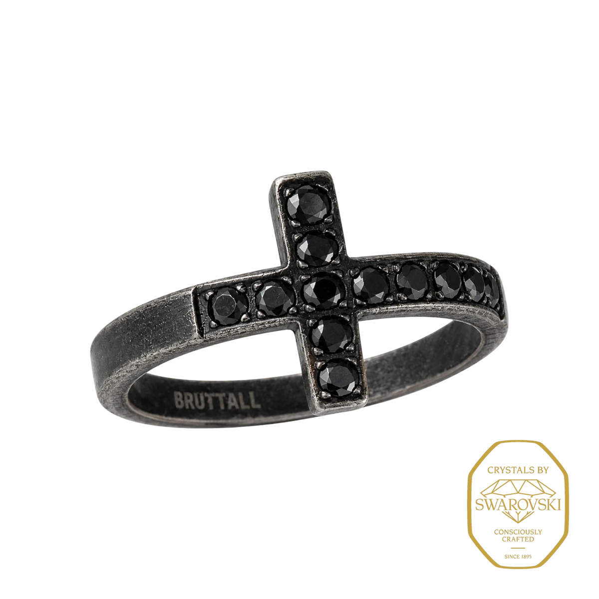 Bruttall TOWER cross ring in antique black finish featuring black Swarovski crystals in a bold architectural design
