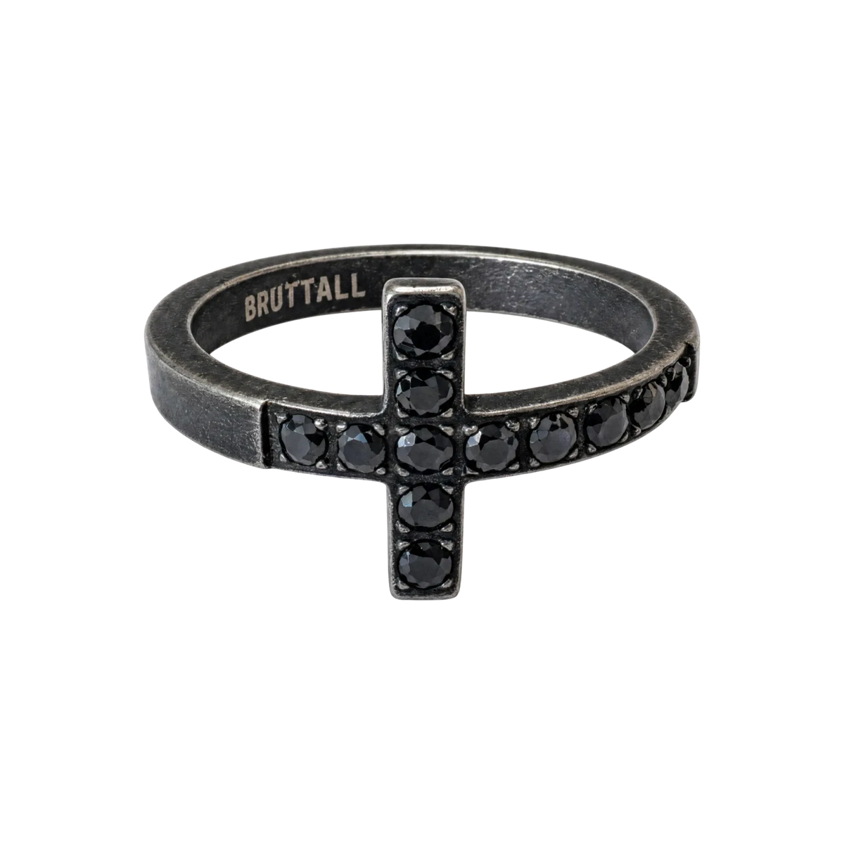 Bruttall TOWER cross ring in antique black finish with black Swarovski crystals and engraved brand name inside