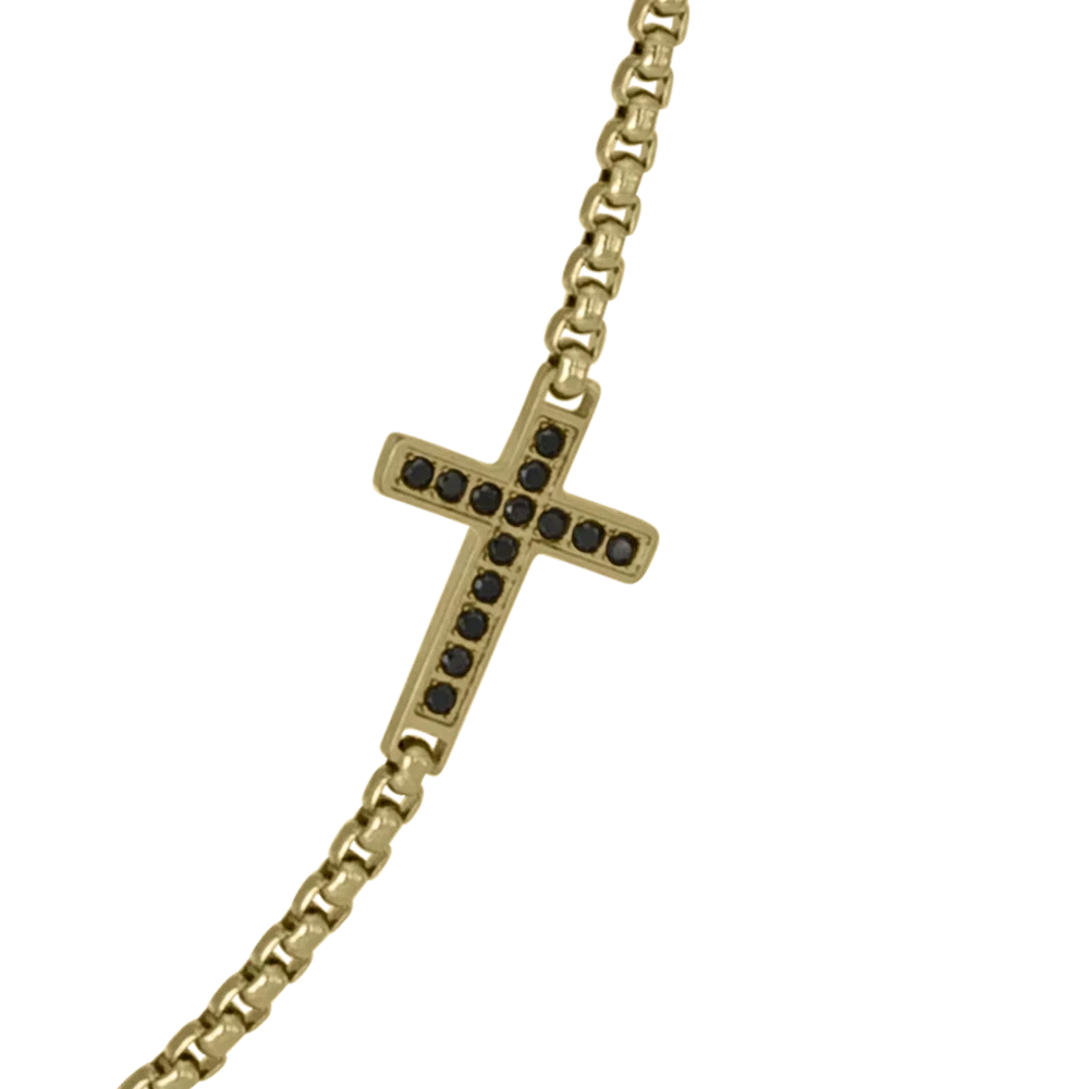 Bruttall TOWER cross necklace in matte gold with black Swarovski Zirconia stones on a box chain