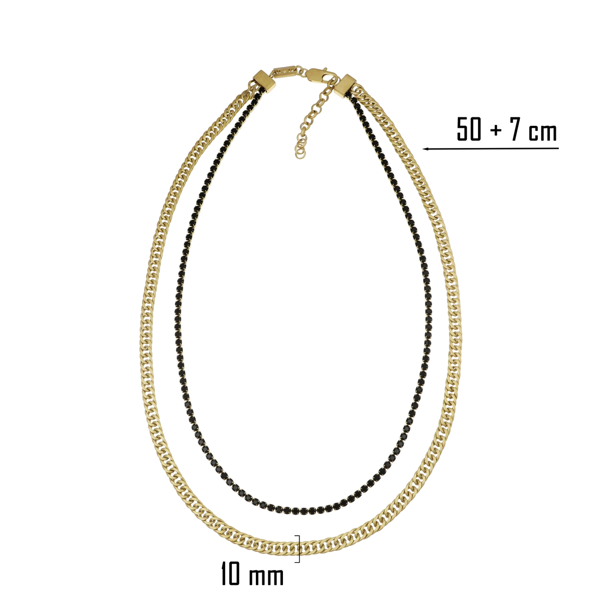 Bruttall GATE double-strand necklace featuring a gold-plated Cuban chain and a delicate black Swarovski crystal strand.